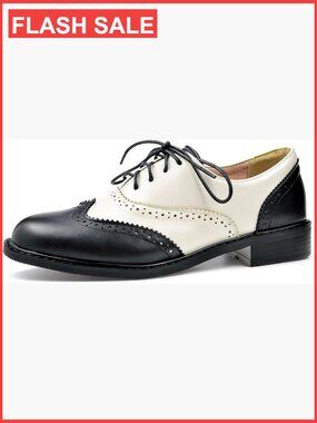 Women's Saddle Oxford Shoes 50s Two Tone Chunky Low Heel Retro Brogues Lace Up